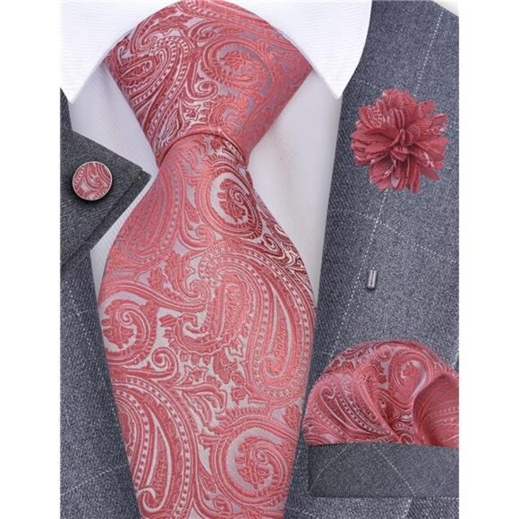 3.15"（8cm） Mens Tie and Lapel Pin Paisley Necktie Hankerchief Cufflinks Set - Picture 2 of 6
